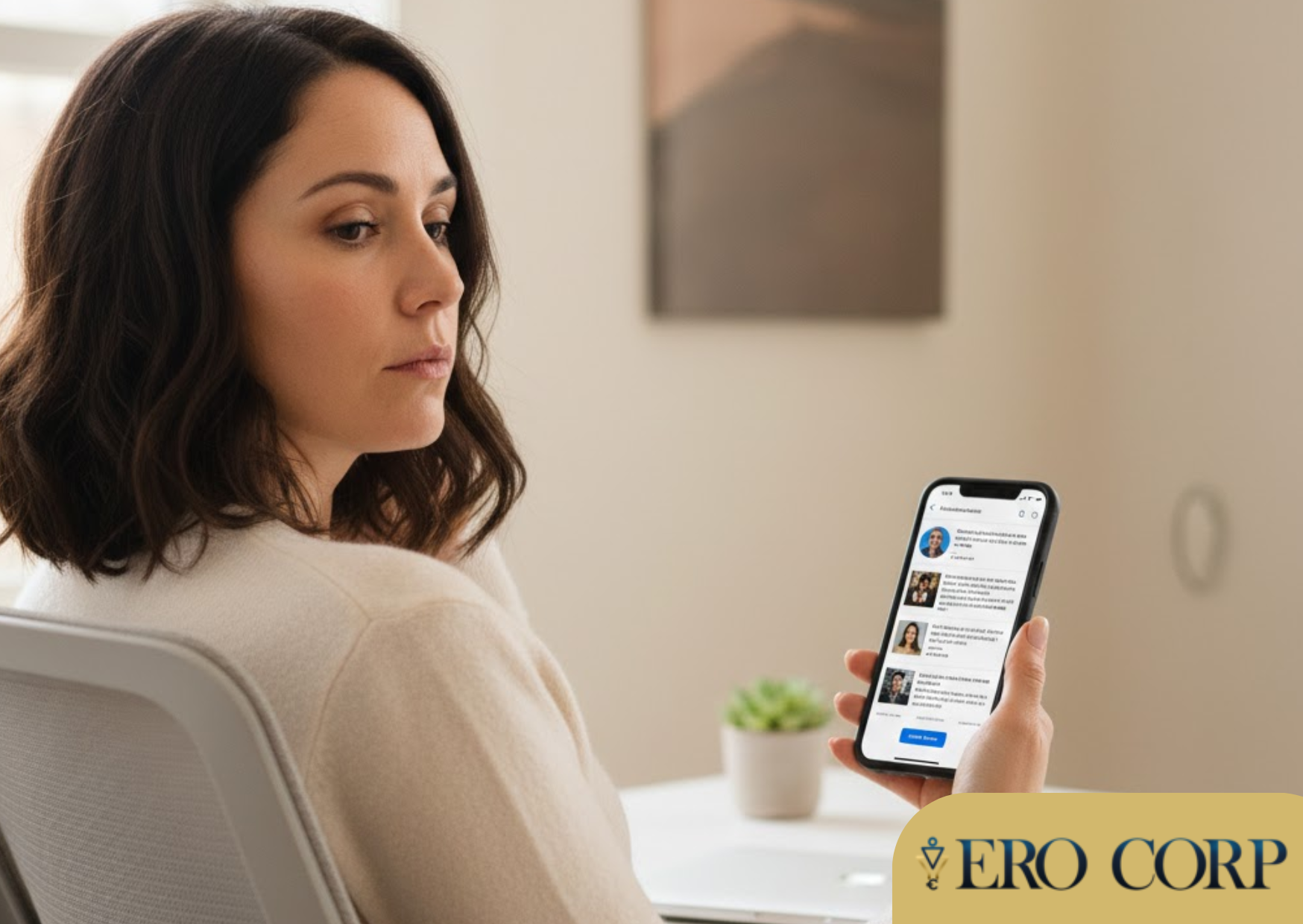 Blog #2 Visuel 2 Femme entrepreneur fatiguée scrollant un fil d'actualité LinkedIn montrant des posts marketing tous identiques - syndrome de la dispersion marketing