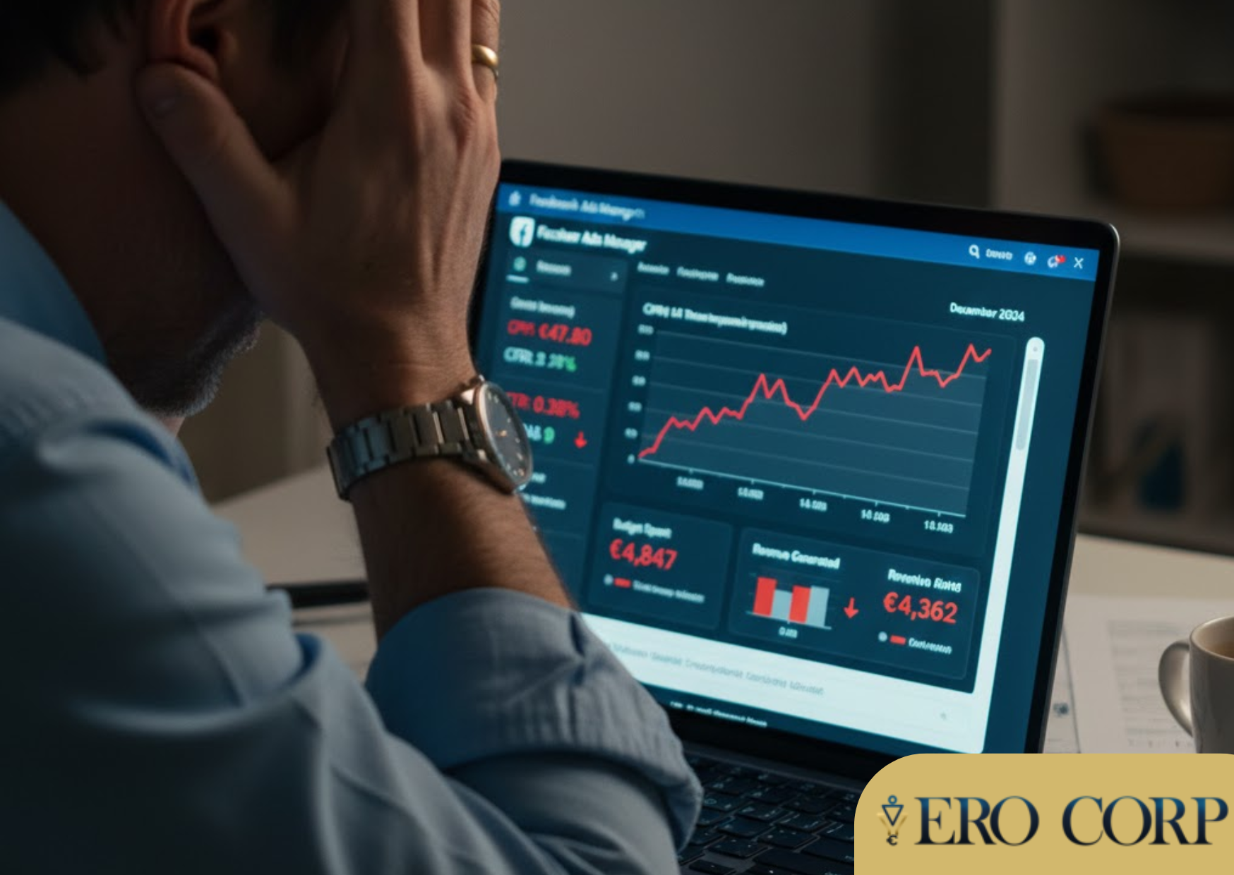 Blog #2 Visuel 3 Mains d'entrepreneur stressé devant un dashboard Facebook Ads affichant des métriques en rouge - coûts d'acquisition qui explosent