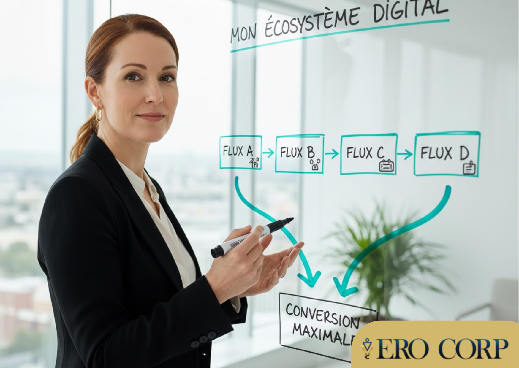 Blog #2 Visuel 4 Femme entrepreneur confiante présentant un positionnement clair sur whiteboard - stratégie d'acquisition client structurée