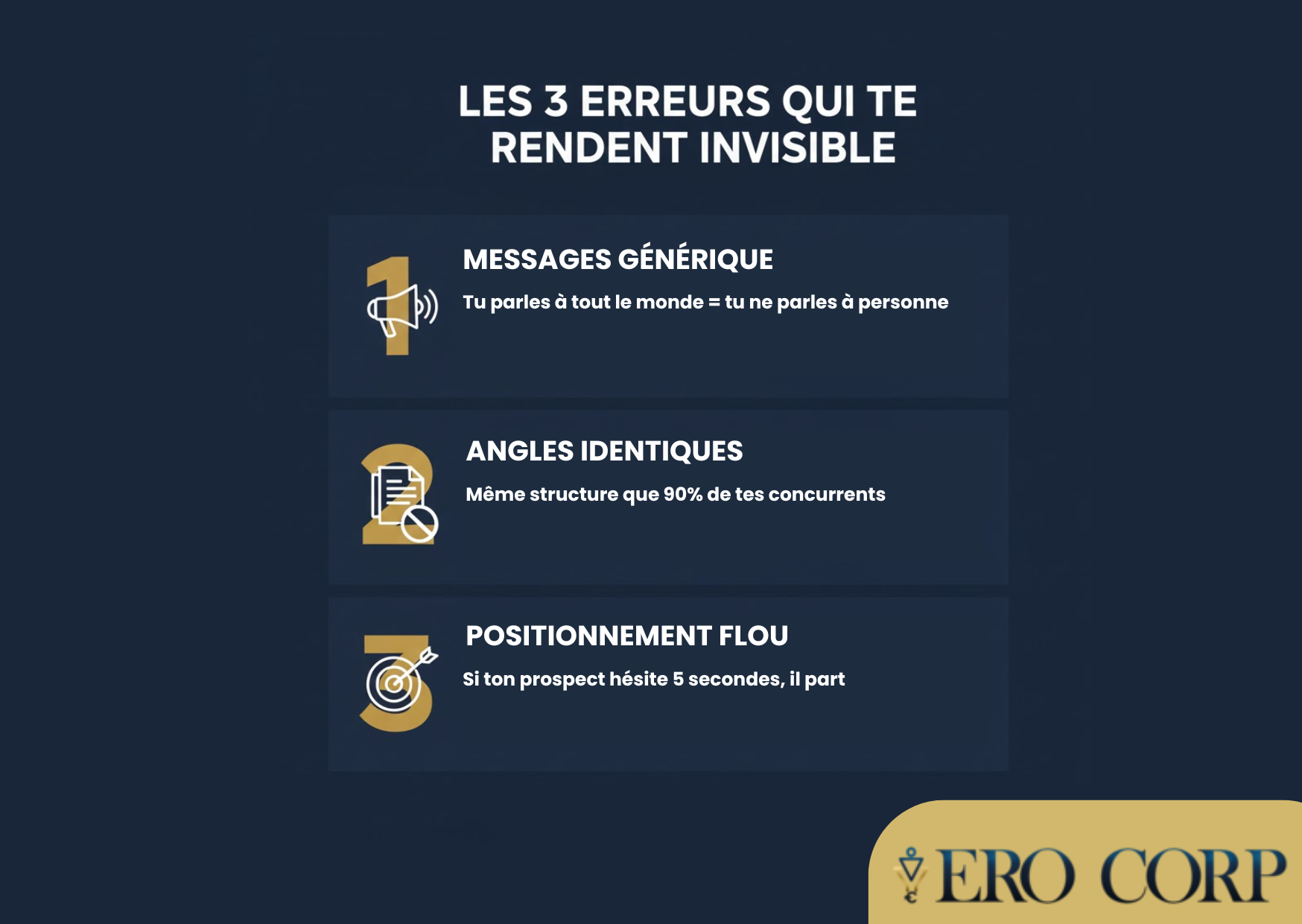 Blog #2 Visuel 5 Les 3 erreurs de priorisation marketing qui rendent les infopreneurs invisibles - messages génériques angles identiques positionnement flou