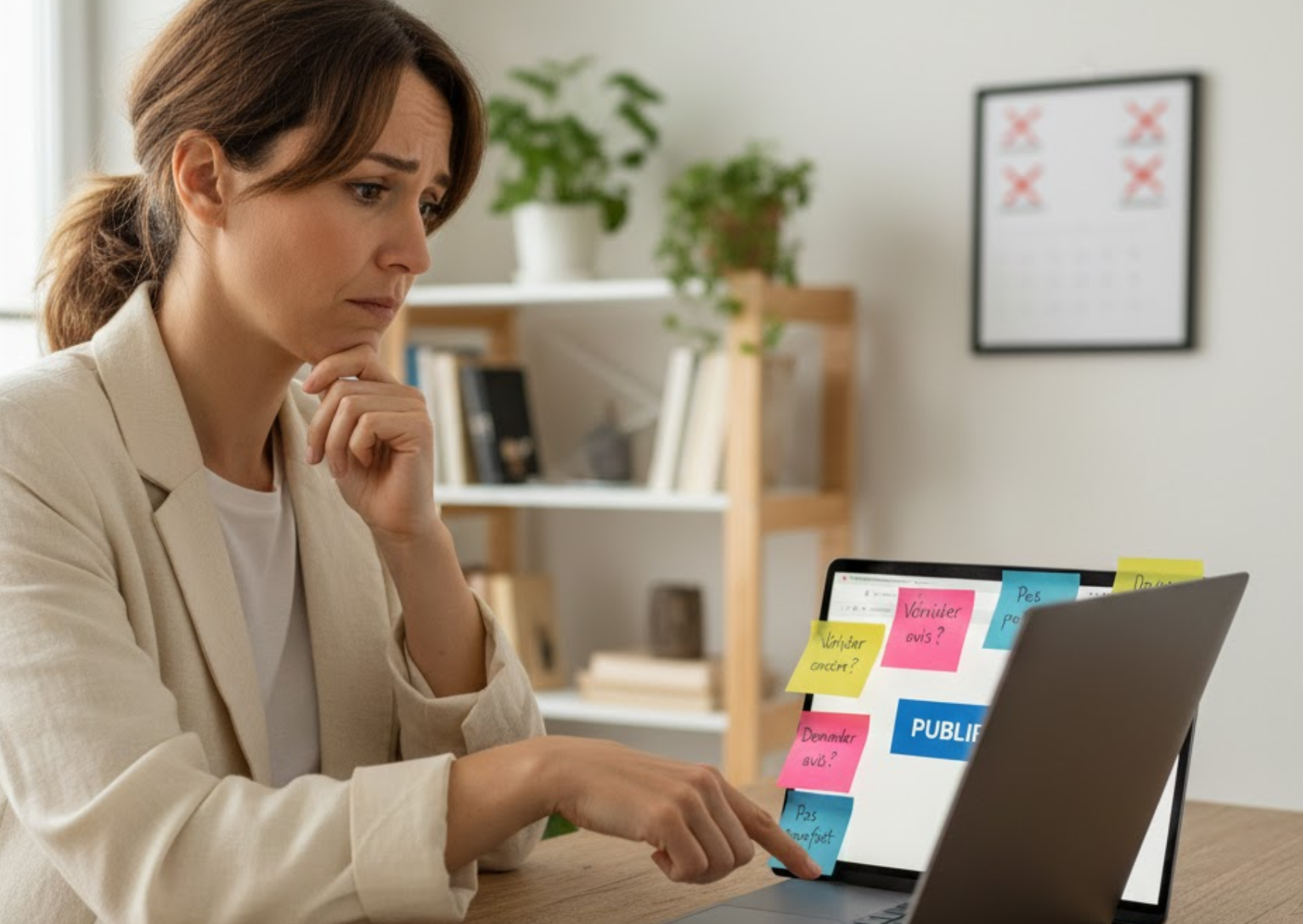 Image 1 Blog #1 Entrepreneure hésitant à cliquer sur le bouton Publier, entourée de notes "à vérifier encore" et d'une liste de pré-lancement interminable, illustrant le perfectionnisme paralysant qui empêche de lancer ses projets marketing