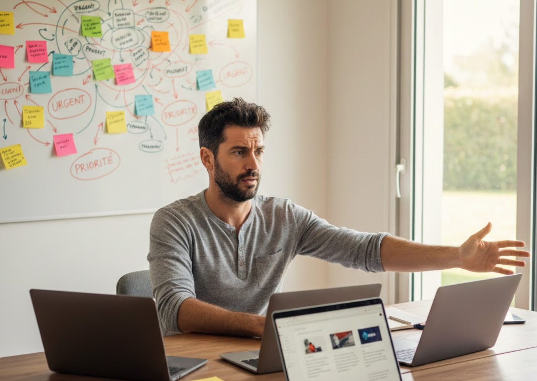 Image 6 Blog #1 Entrepreneur débordé devant trois laptops, multiples smartphones et un tableau blanc chaotique, illustrant la dispersion chronique sur trop de canaux et projets qui sabote l'acquisition client