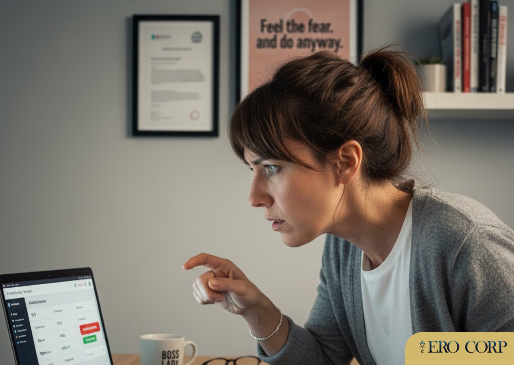 Visuels 2 Entrepreneuse hésitant à couper campagne publicitaire par peur