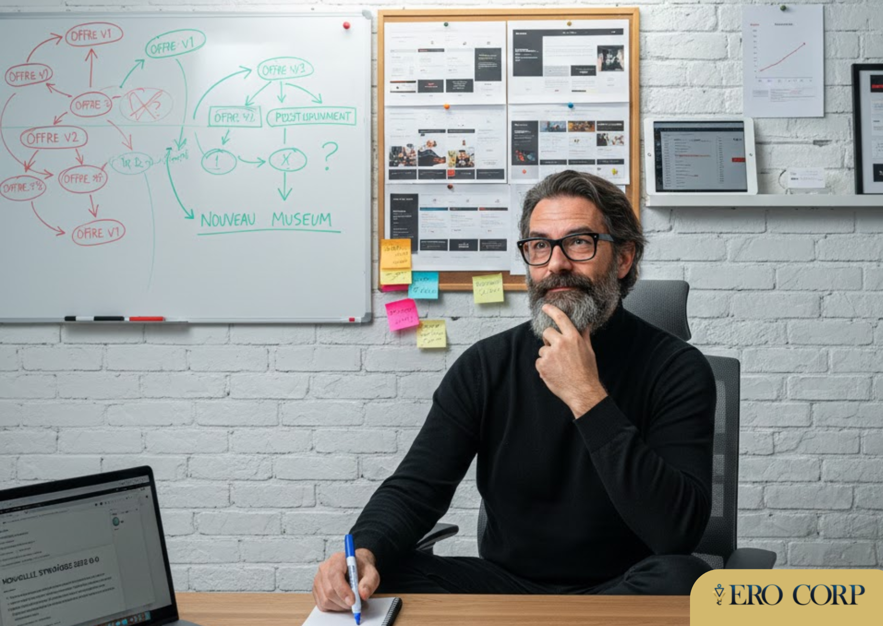 Visuels 3 Entrepreneur entouré stratégies marketing abandonnées whiteboard chaotique