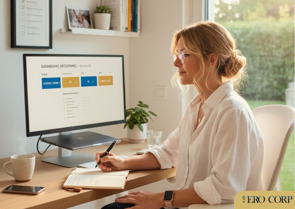 Entrepreneuse confiante face à son dashboard décisionnel avec des métriques d'acquisition au vert