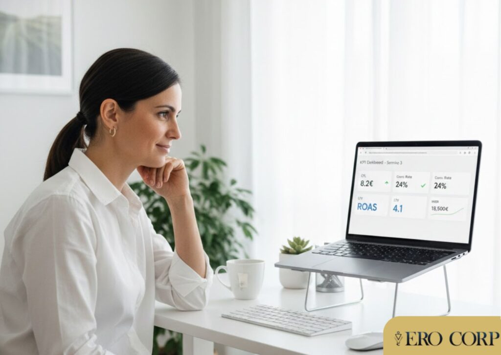 Entrepreneure française souriante consultant un tableau de bord KPI simplifié sur son ordinateur dans un bureau lumineux