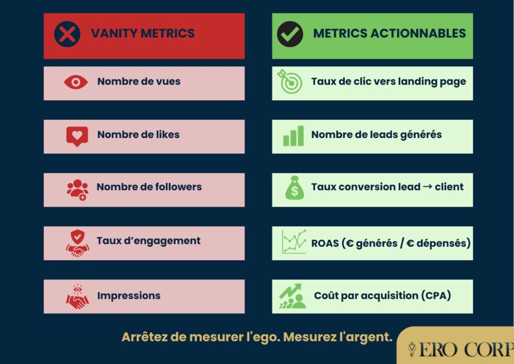 Tableau comparatif des métriques de vanité inefficaces versus les métriques actionnables pour la prise de décision
