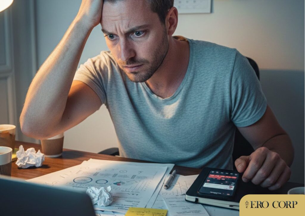 Entrepreneur français stressé devant son ordinateur analysant des métriques de vanité sur les réseaux sociaux