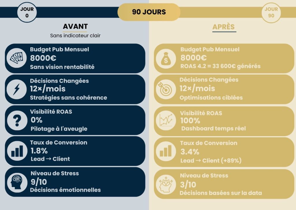 Infographie avant-après montrant l'évolution des KPI business sur 90 jours avec un système de pilotage data-driven versus pilotage au ressenti