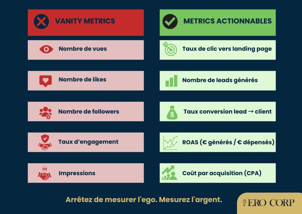 Tableau comparatif des métriques de vanité inefficaces versus les métriques actionnables pour la prise de décision