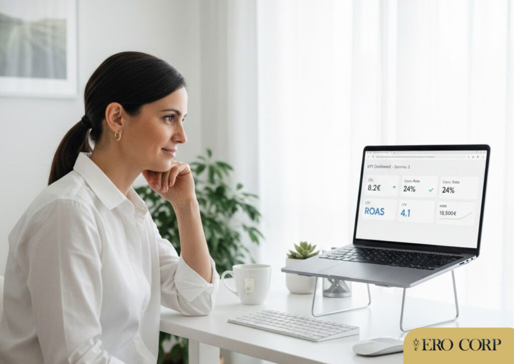 Entrepreneure française souriante consultant un tableau de bord KPI simplifié sur son ordinateur dans un bureau lumineux