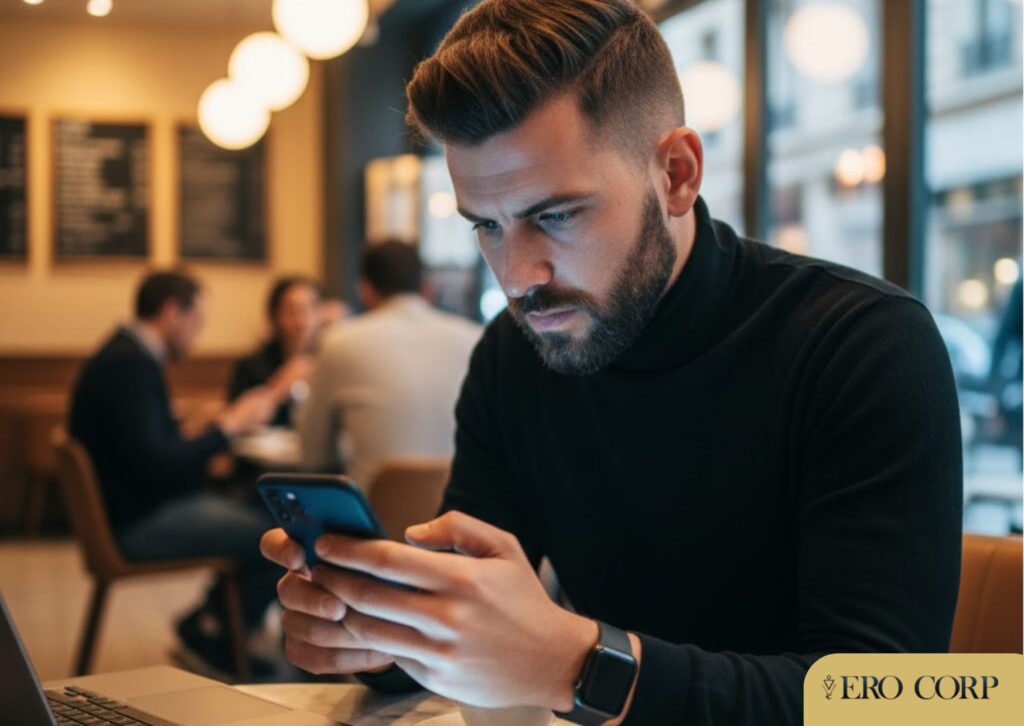 Entrepreneur français consultant compulsivement les likes Instagram sur son smartphone dans un café