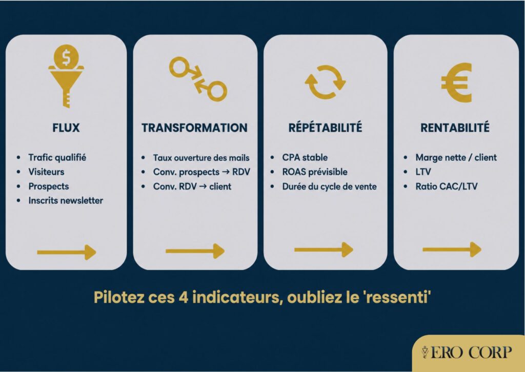 Infographie illustrant les 4 piliers du système de pilotage business : Flux, Transformation, Répétabilité, Rentabilité