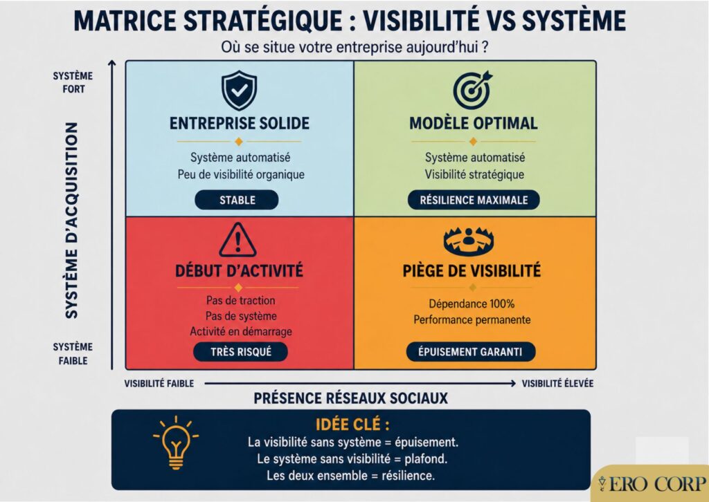 Matrice stratégique système d'acquisition clients : visibilité vs système, 4 profils de business