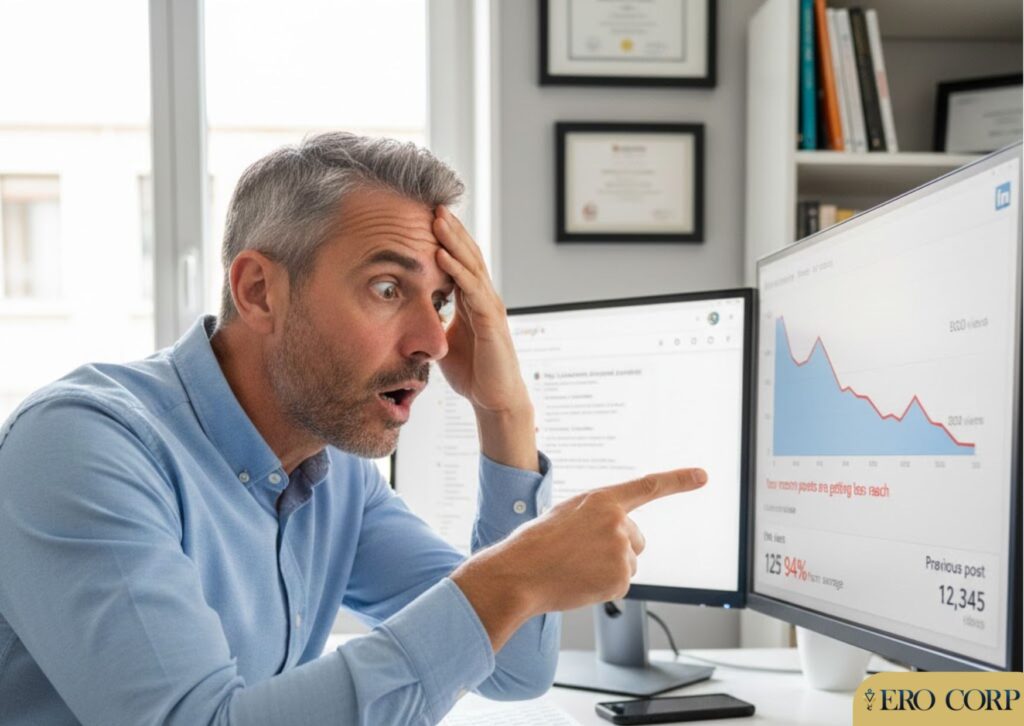 Entrepreneur en panique face à la chute de ses statistiques, illustrant l'absence de système d'acquisition clients