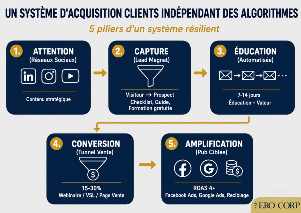 Schéma d'un système d'acquisition clients indépendant des algorithmes en 5 piliers : attention, capture, éducation, conversion, amplification