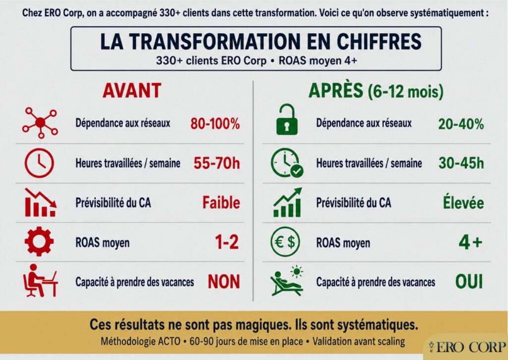 Tableau comparatif avant-après d'un système d'acquisition clients : dépendance, heures travaillées, ROAS