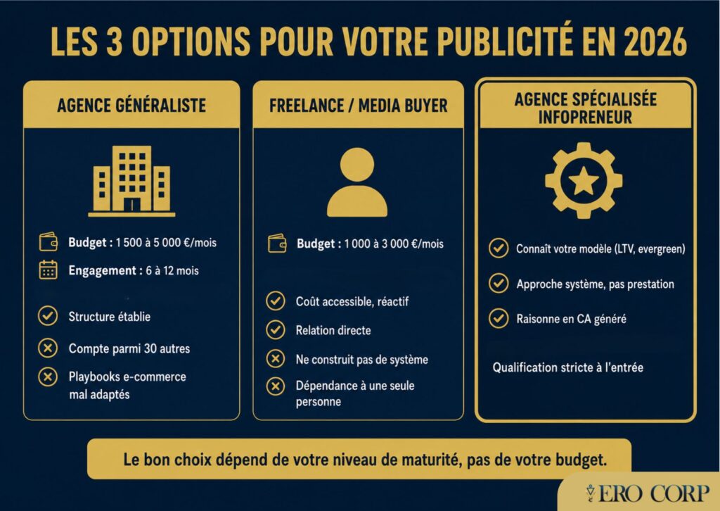 Comparatif des 3 options pour gérer sa publicité digitale : agence généraliste, freelance ou agence spécialisée infopreneur