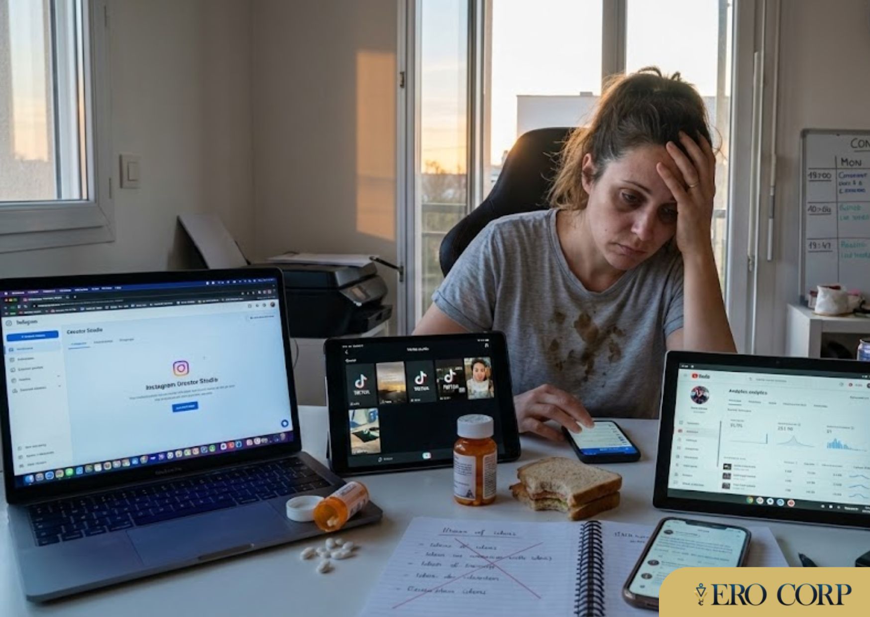Entrepreneuse débordée jonglant avec plusieurs réseaux sociaux