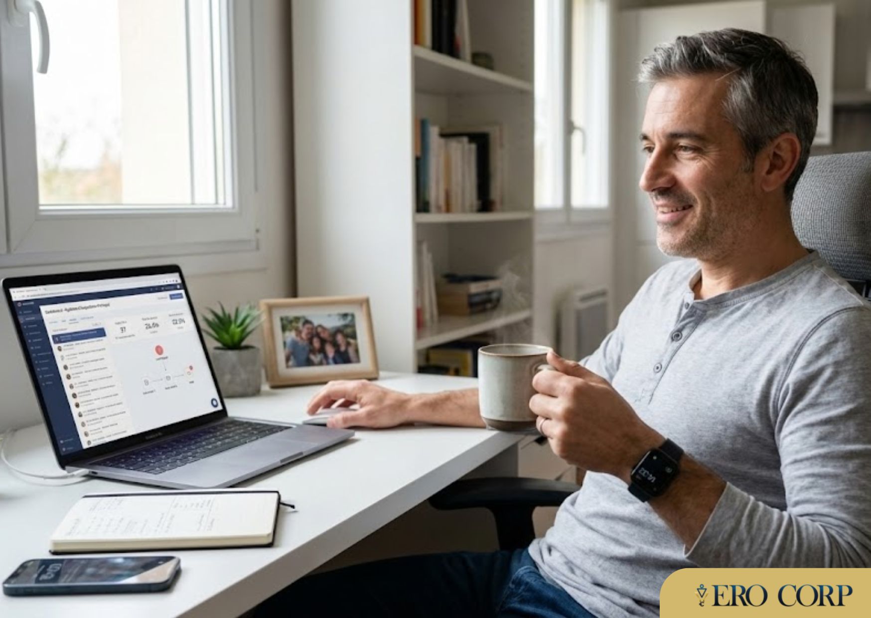 Système d'acquisition automatique, Entrepreneur travaillant serrainement depuis son bureau à domicile
